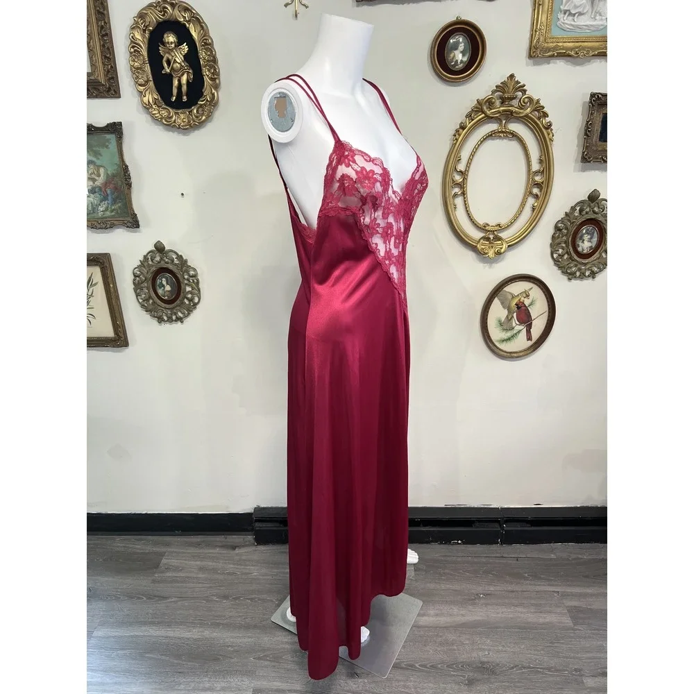 Vintage Berry Red Satin Lace Trim lingerie Slit Maxi Slip Dress